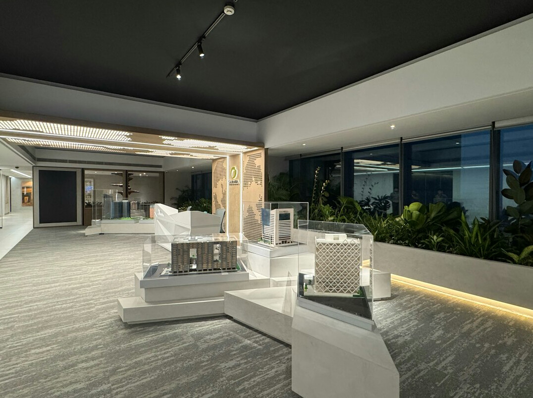 Bright modern office interior with large windows